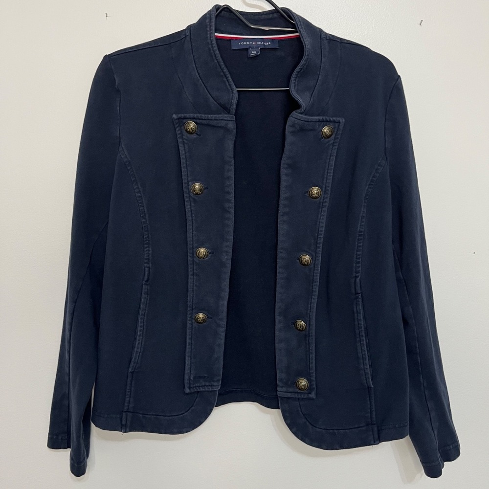 Tommy Hilfiger Women's Large Military Band Jacket Navy Knit, Academia, Nautical